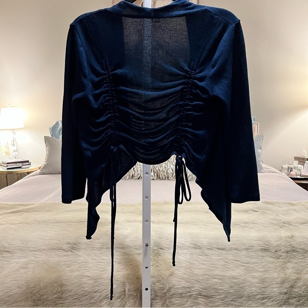 DEREK HEART Navy Blue S 3/4 Sleeves Open Cardigan Drawstring Vertical Cinch Back